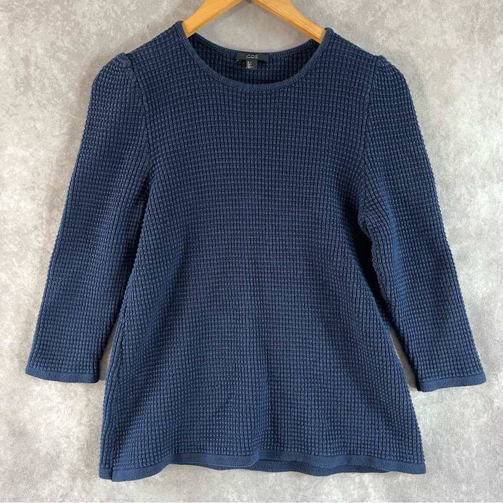 COS Sweater Women Small Blue Waffle Textured Puff Shoulder Classic Capsule Tunic